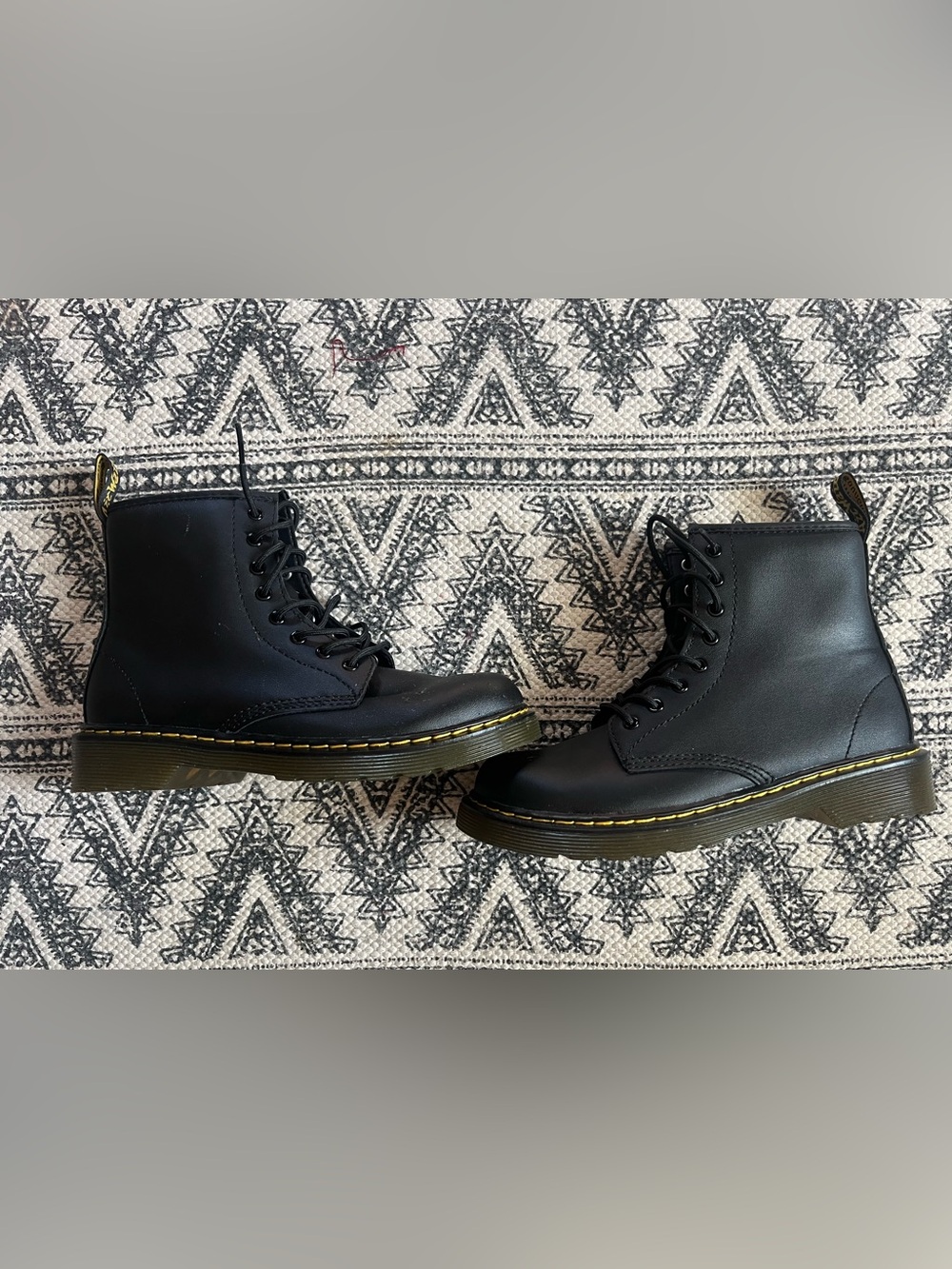 Dr. Martens Black Leather Lace-Up Boots with Yellow Stitching